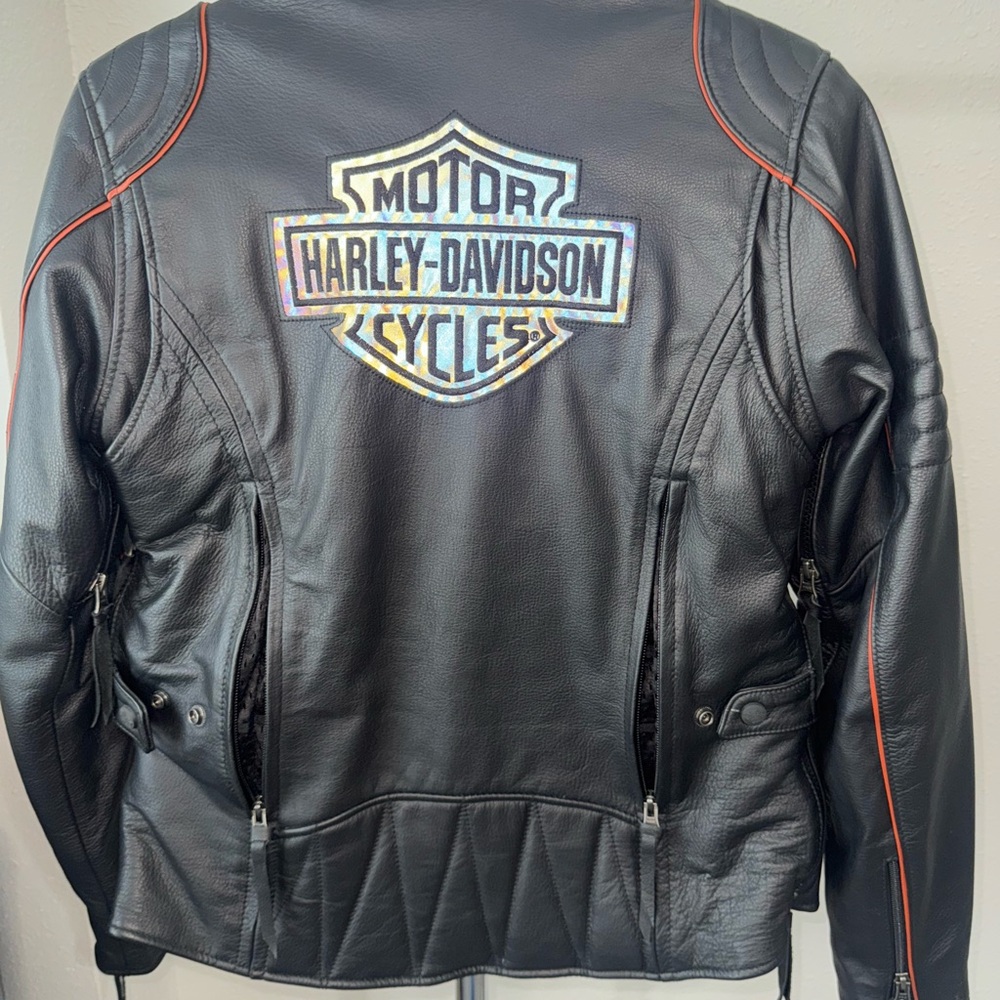 Women’s Harley-Davidson Black Leather Bikers Jacket with Orange Highlights - Picture 12 of 15